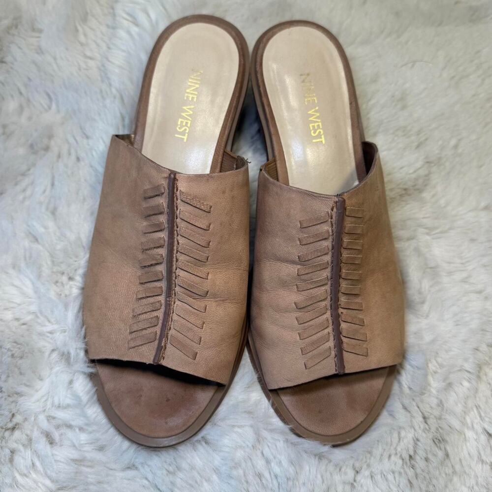 Nine west 7.5 Woven Leather Boho Block Heel Mules Festival Spring‎